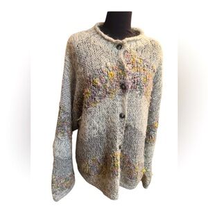 HANDMADE ANGORA WOOL MOHAIR Button Up Knit Cardigan Sweater Women's Gray Floral